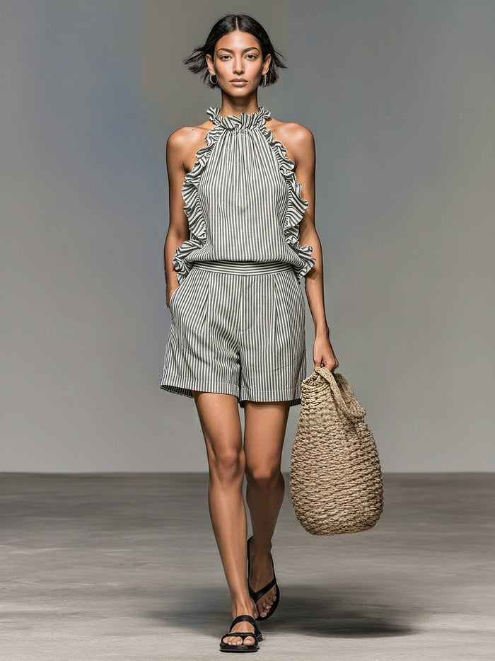 Women's Striped Linen-Look Halterneck Top and Shorts Set with Ruffles - Maisie London