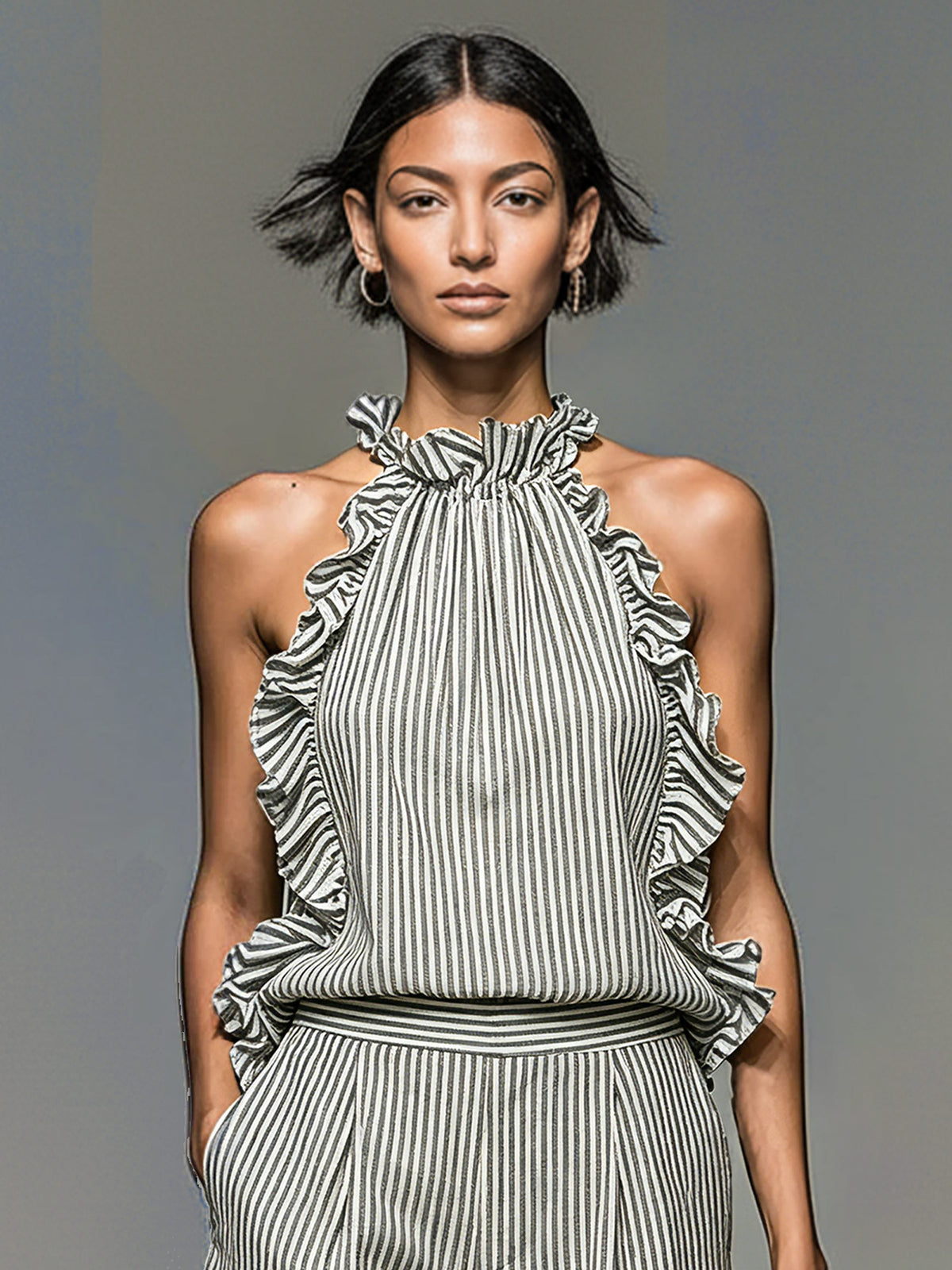Women's Striped Linen-Look Halterneck Top and Shorts Set with Ruffles - Maisie London
