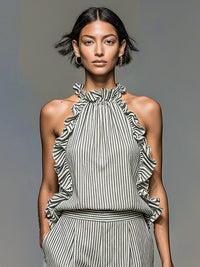 Women's Striped Linen-Look Halterneck Top and Shorts Set with Ruffles - Maisie London