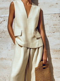 Women's Beige Linen-Look Wide-Leg Trouser Set with V-Neck Top - Maisie London