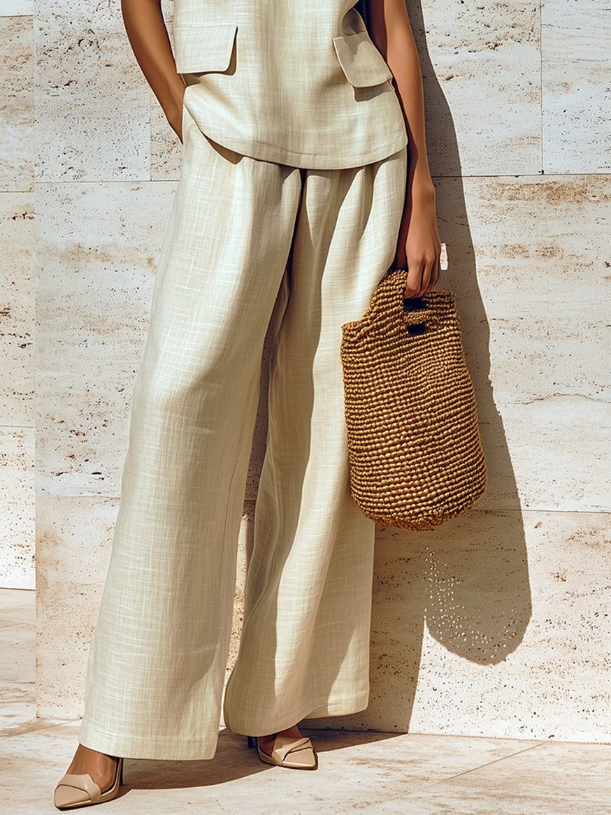 Women's Beige Linen-Look Wide-Leg Trouser Set with V-Neck Top - Maisie London