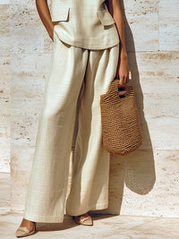 Women's Beige Linen-Look Wide-Leg Trouser Set with V-Neck Top - Maisie London