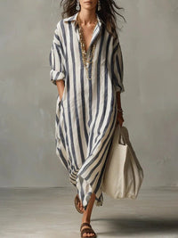 Women's Striped Linen-Look Maxi Shirt Dress with Pockets and V-Neck - Maisie London