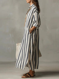 Women's Striped Linen-Look Maxi Shirt Dress with Pockets and V-Neck - Maisie London