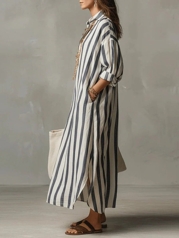 Women's Striped Linen-Look Maxi Shirt Dress with Pockets and V-Neck - Maisie London