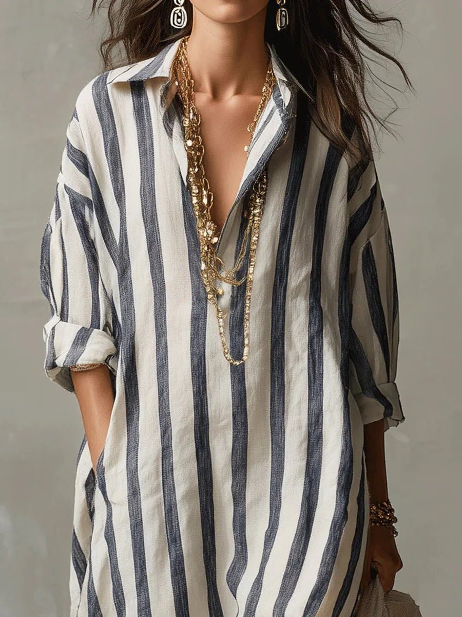 Women's Striped Linen-Look Maxi Shirt Dress with Pockets and V-Neck - Maisie London