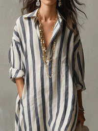 Women's Striped Linen-Look Maxi Shirt Dress with Pockets and V-Neck - Maisie London