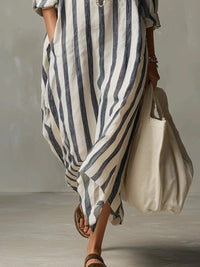 Women's Striped Linen-Look Maxi Shirt Dress with Pockets and V-Neck - Maisie London