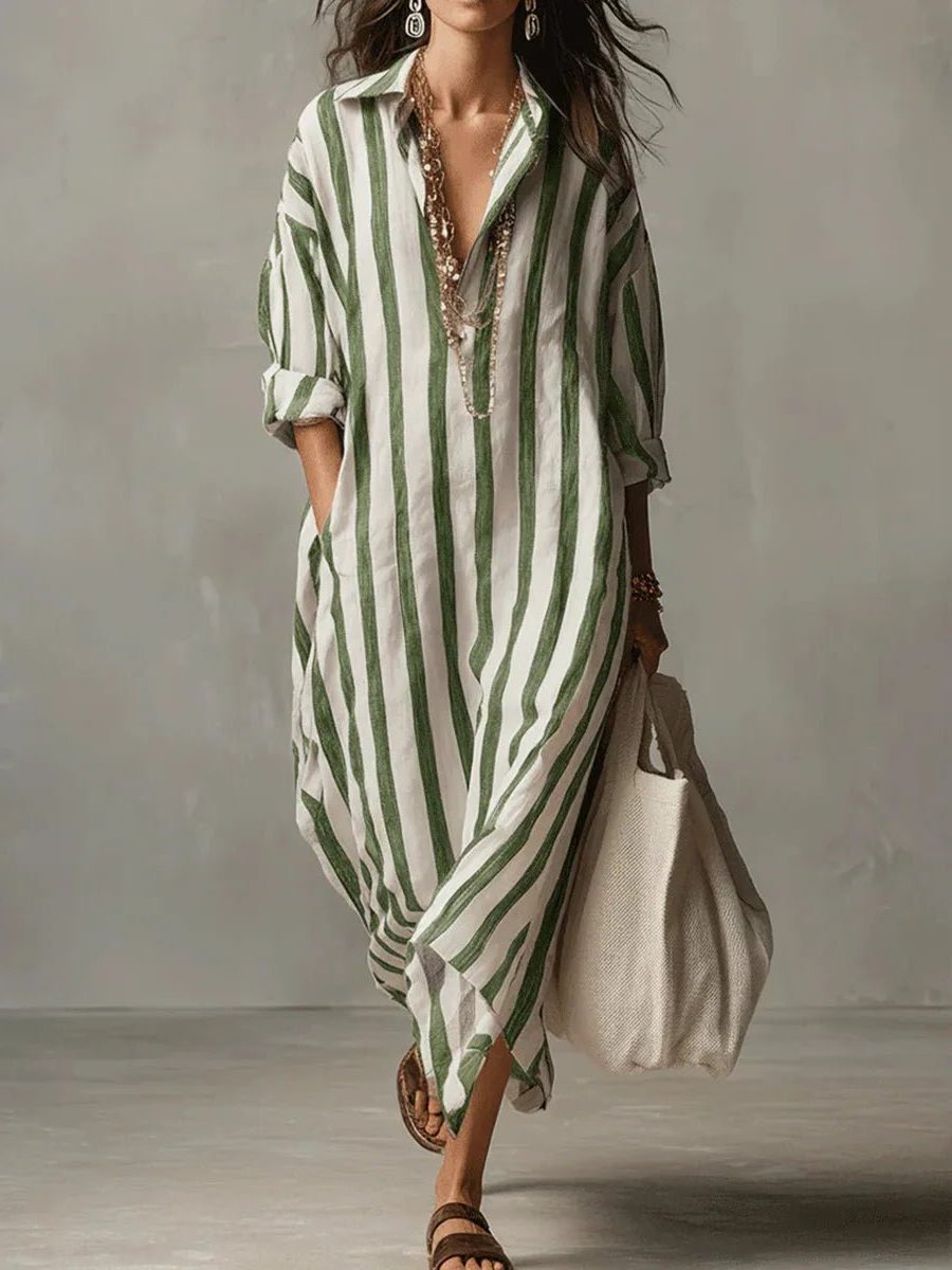 Women's Striped Linen-Look Maxi Shirt Dress with Pockets and V-Neck - Maisie London