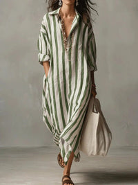 Women's Striped Linen-Look Maxi Shirt Dress with Pockets and V-Neck - Maisie London