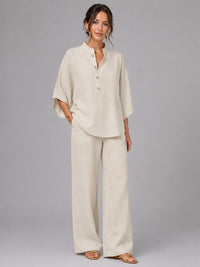 Women's Linen-Look Wide-Leg Co-ord Set with Grandad Collar Top - Maisie London