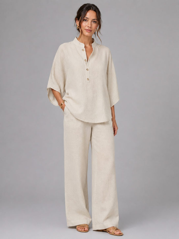 Women's Linen-Look Wide-Leg Co-ord Set with Grandad Collar Top - Maisie London