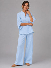 Women's Linen-Look Wide-Leg Co-ord Set with Grandad Collar Top - Maisie London