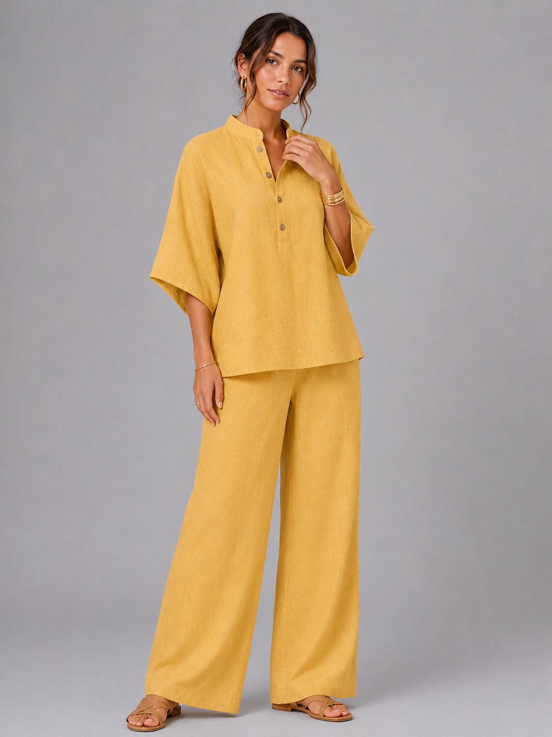 Women's Linen-Look Wide-Leg Co-ord Set with Grandad Collar Top - Maisie London