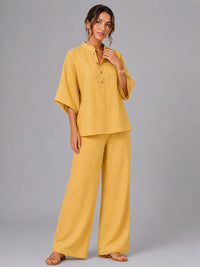 Women's Linen-Look Wide-Leg Co-ord Set with Grandad Collar Top - Maisie London