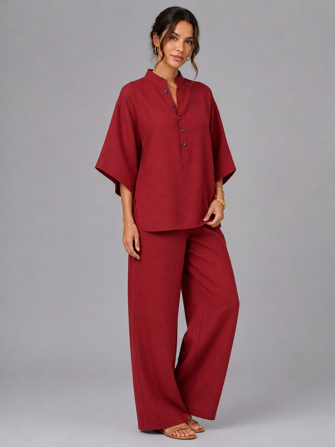 Women's Linen-Look Wide-Leg Co-ord Set with Grandad Collar Top - Maisie London