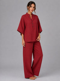 Women's Linen-Look Wide-Leg Co-ord Set with Grandad Collar Top - Maisie London
