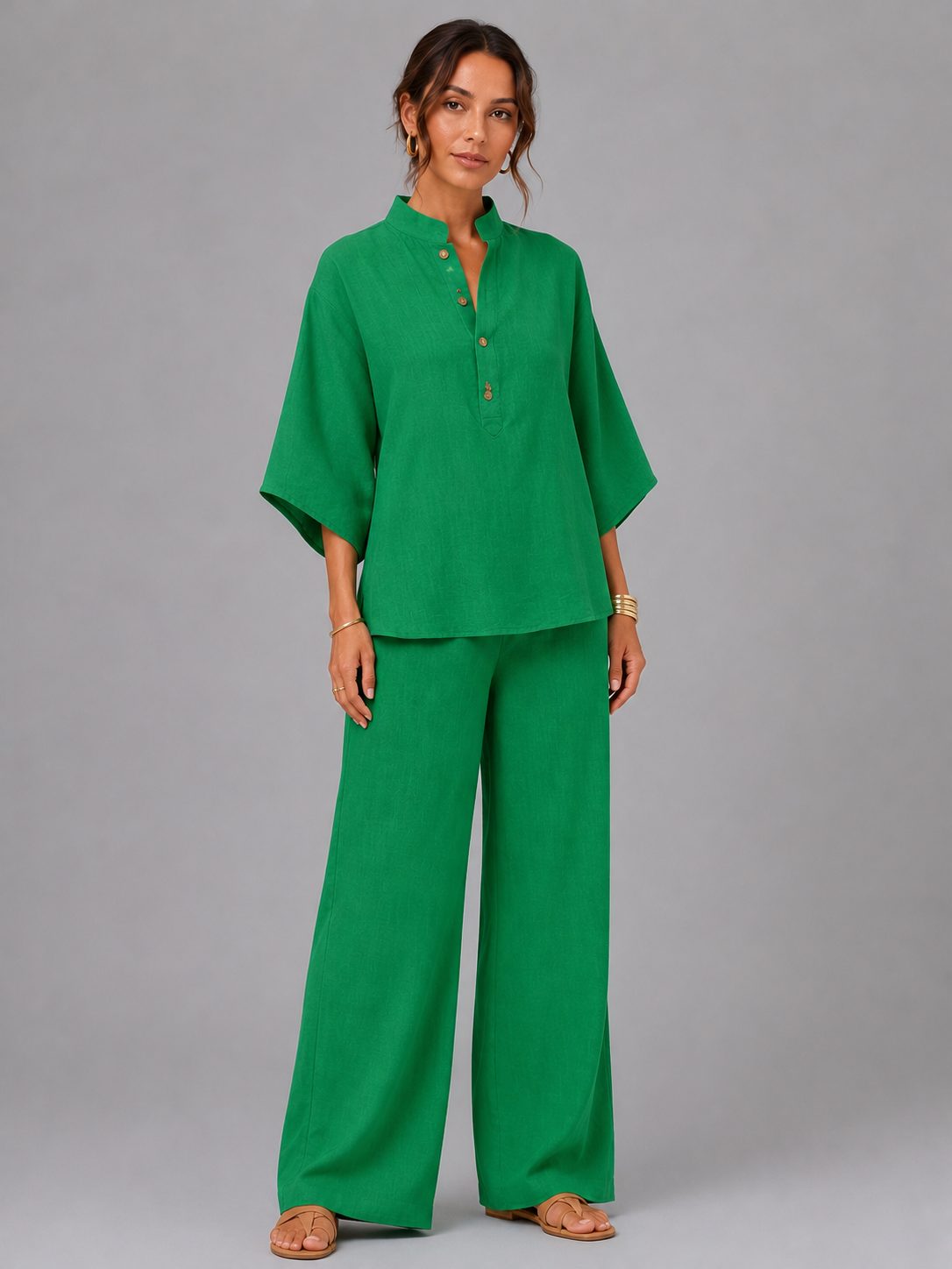 Women's Linen-Look Wide-Leg Co-ord Set with Grandad Collar Top - Maisie London