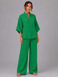 Women's Linen-Look Wide-Leg Co-ord Set with Grandad Collar Top - Maisie London