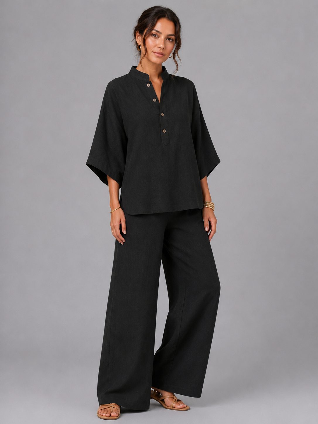 Women's Linen-Look Wide-Leg Co-ord Set with Grandad Collar Top - Maisie London