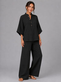 Women's Linen-Look Wide-Leg Co-ord Set with Grandad Collar Top - Maisie London