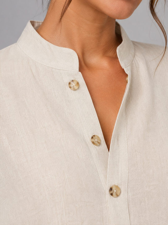 Women's Linen-Look Wide-Leg Co-ord Set with Grandad Collar Top - Maisie London