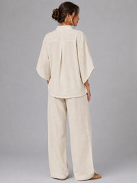 Women's Linen-Look Wide-Leg Co-ord Set with Grandad Collar Top - Maisie London