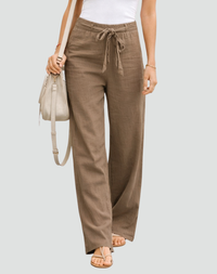Women's Linen-Look Wide-Leg Trousers with Tie Waist and Side Pockets - Maisie London