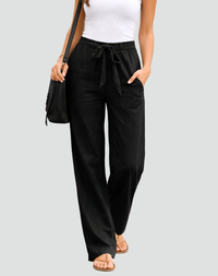 Women's Linen-Look Wide-Leg Trousers with Tie Waist and Side Pockets - Maisie London