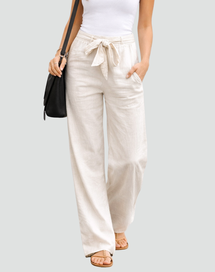 Women's Linen-Look Wide-Leg Trousers with Tie Waist and Side Pockets - Maisie London
