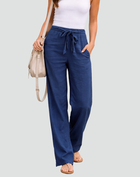 Women's Linen-Look Wide-Leg Trousers with Tie Waist and Side Pockets - Maisie London
