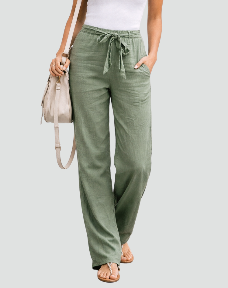Women's Linen-Look Wide-Leg Trousers with Tie Waist and Side Pockets - Maisie London