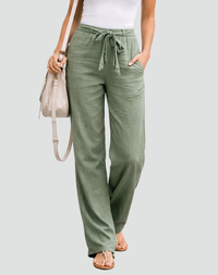 Women's Linen-Look Wide-Leg Trousers with Tie Waist and Side Pockets - Maisie London