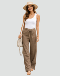 Women's Linen-Look Wide-Leg Trousers with Tie Waist and Side Pockets - Maisie London