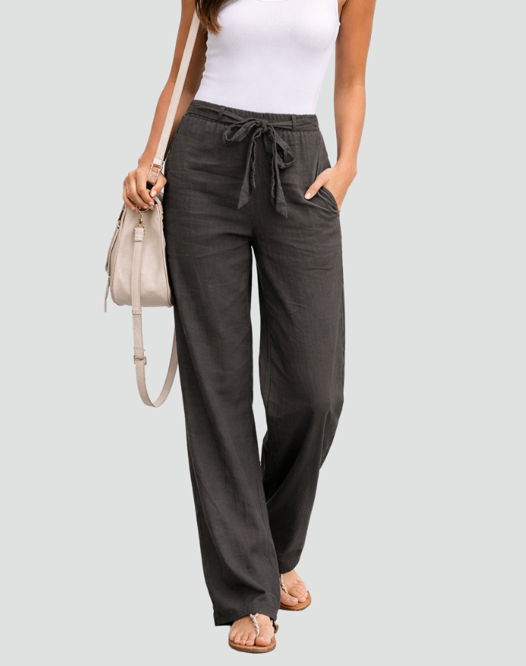 Women's Linen-Look Wide-Leg Trousers with Tie Waist and Side Pockets - Maisie London