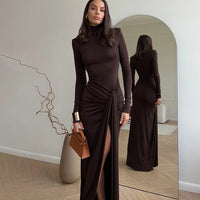 Women's Jersey High-Neck Maxi Dress with Ruched Waist and Side Split - Maisie London