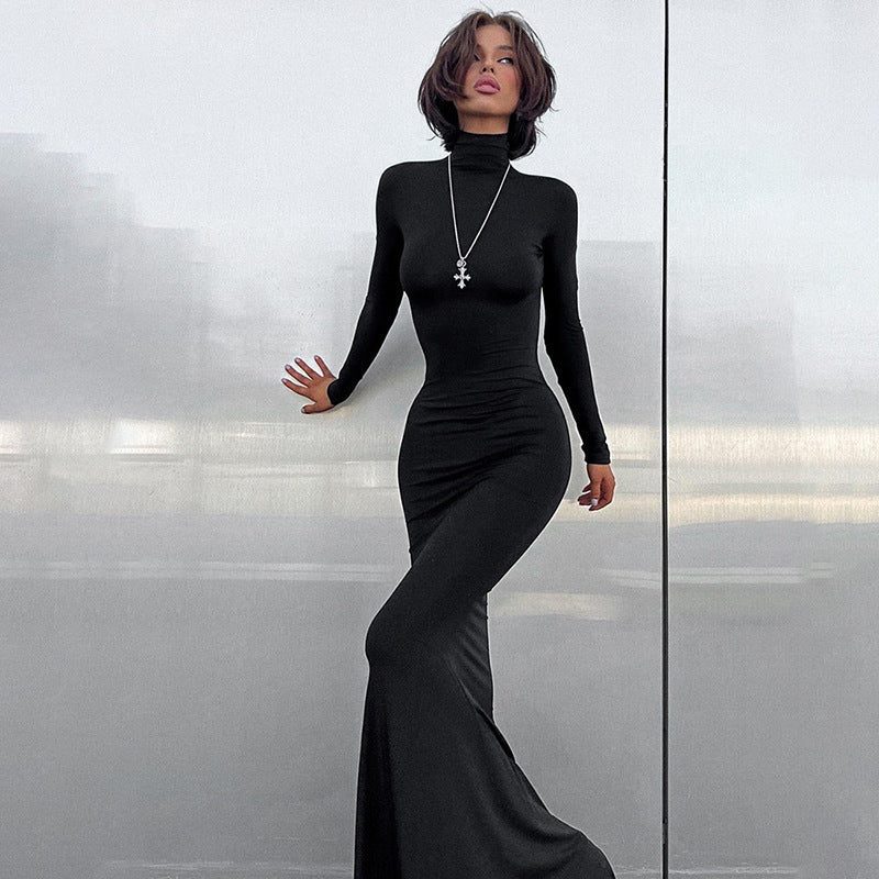 Women's Jersey Roll-Neck Maxi Dress with Long Sleeves and Fishtail Hem - Maisie London