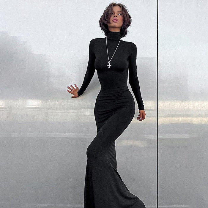 Women's Jersey Roll-Neck Maxi Dress with Long Sleeves and Fishtail Hem - Maisie London