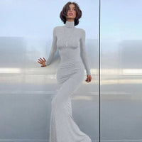 Women's Jersey Roll-Neck Maxi Dress with Long Sleeves and Fishtail Hem - Maisie London