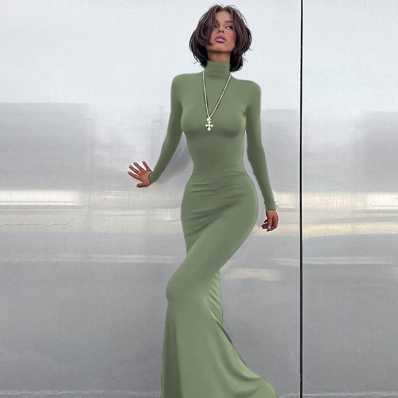 Women's Jersey Roll-Neck Maxi Dress with Long Sleeves and Fishtail Hem - Maisie London