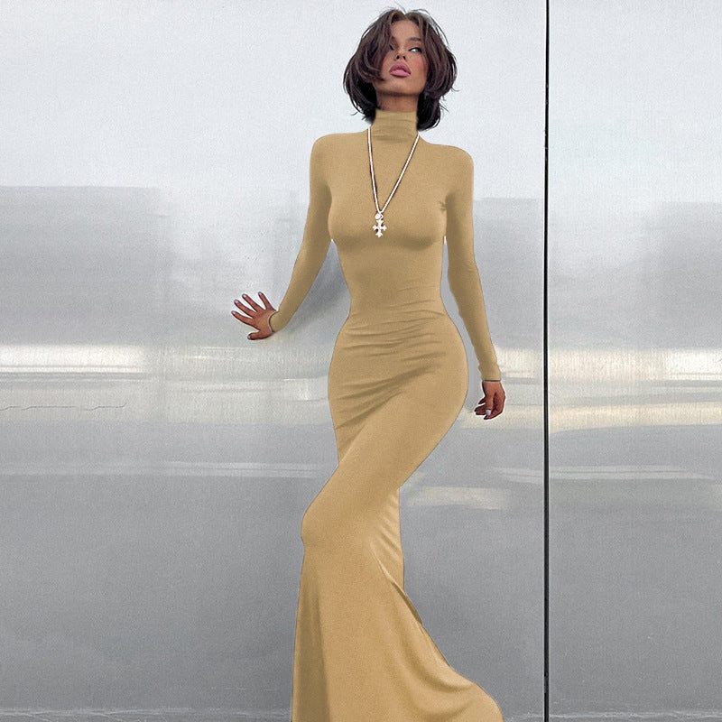 Women's Jersey Roll-Neck Maxi Dress with Long Sleeves and Fishtail Hem - Maisie London