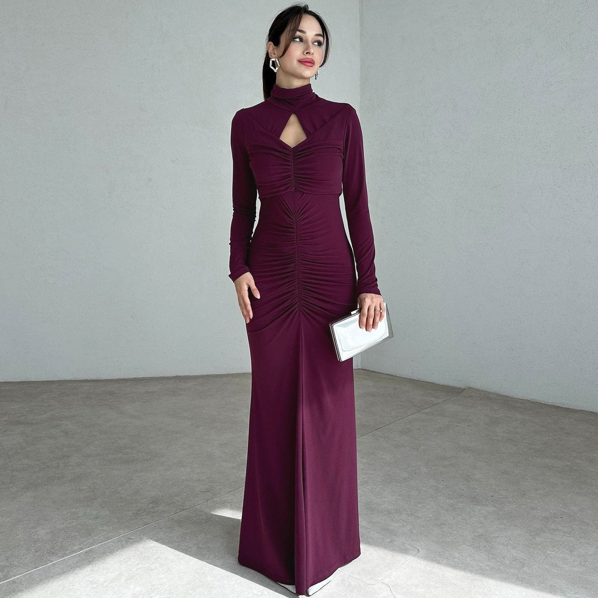 Women's Jersey Ruched Maxi Dress with High Keyhole Neck - Maisie London