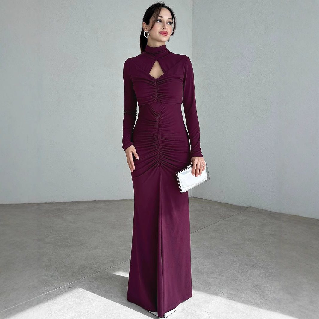 Women's Jersey Ruched Maxi Dress with High Keyhole Neck - Maisie London