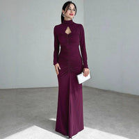 Women's Jersey Ruched Maxi Dress with High Keyhole Neck - Maisie London