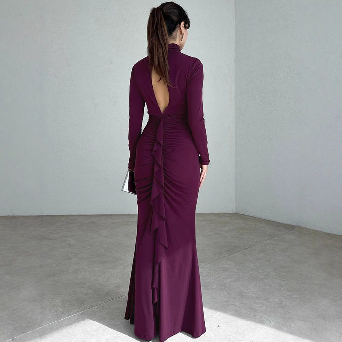 Women's Jersey Ruched Maxi Dress with High Keyhole Neck - Maisie London