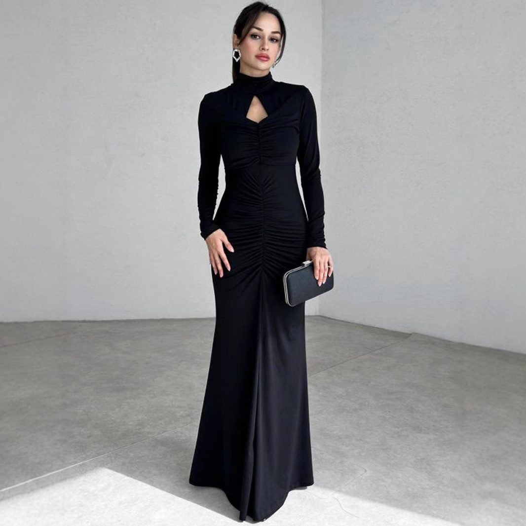 Women's Jersey Ruched Maxi Dress with High Keyhole Neck - Maisie London