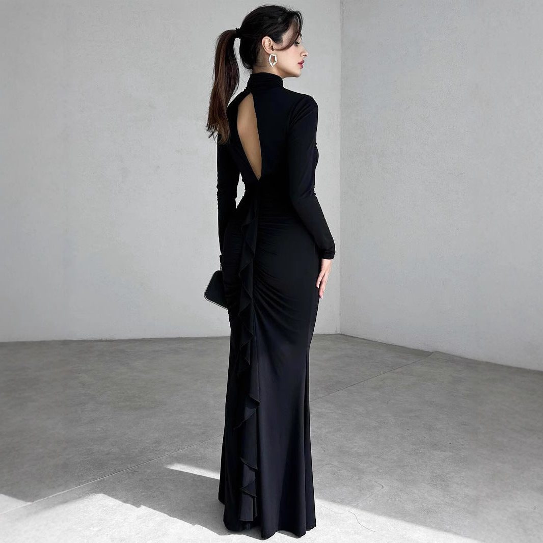 Women's Jersey Ruched Maxi Dress with High Keyhole Neck - Maisie London