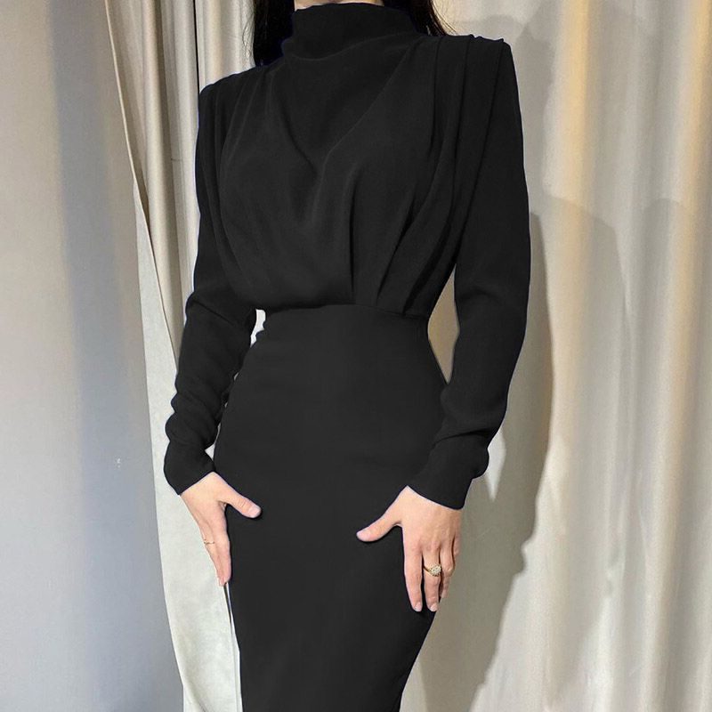 Women's Fitted Long-Sleeve Maxi Dress with Stand Collar and Pleats - Maisie London