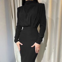 Women's Fitted Long-Sleeve Maxi Dress with Stand Collar and Pleats - Maisie London