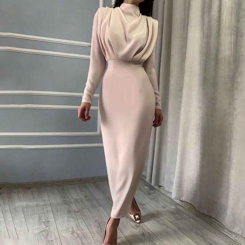 Women's Fitted Long-Sleeve Maxi Dress with Stand Collar and Pleats - Maisie London